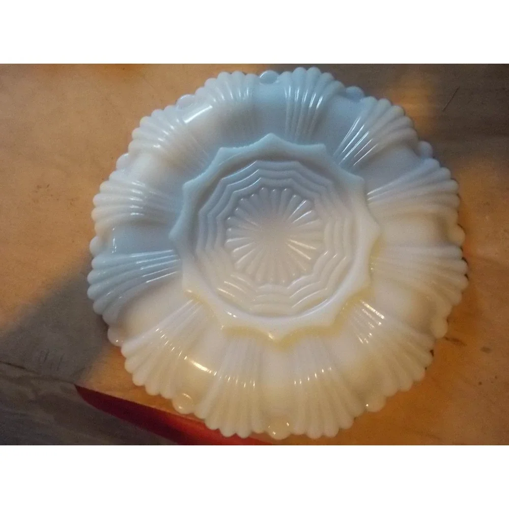 Vintage Milk Glass Deviled Egg Platter Gold Trim Scalloped Edge 12 Slot Server